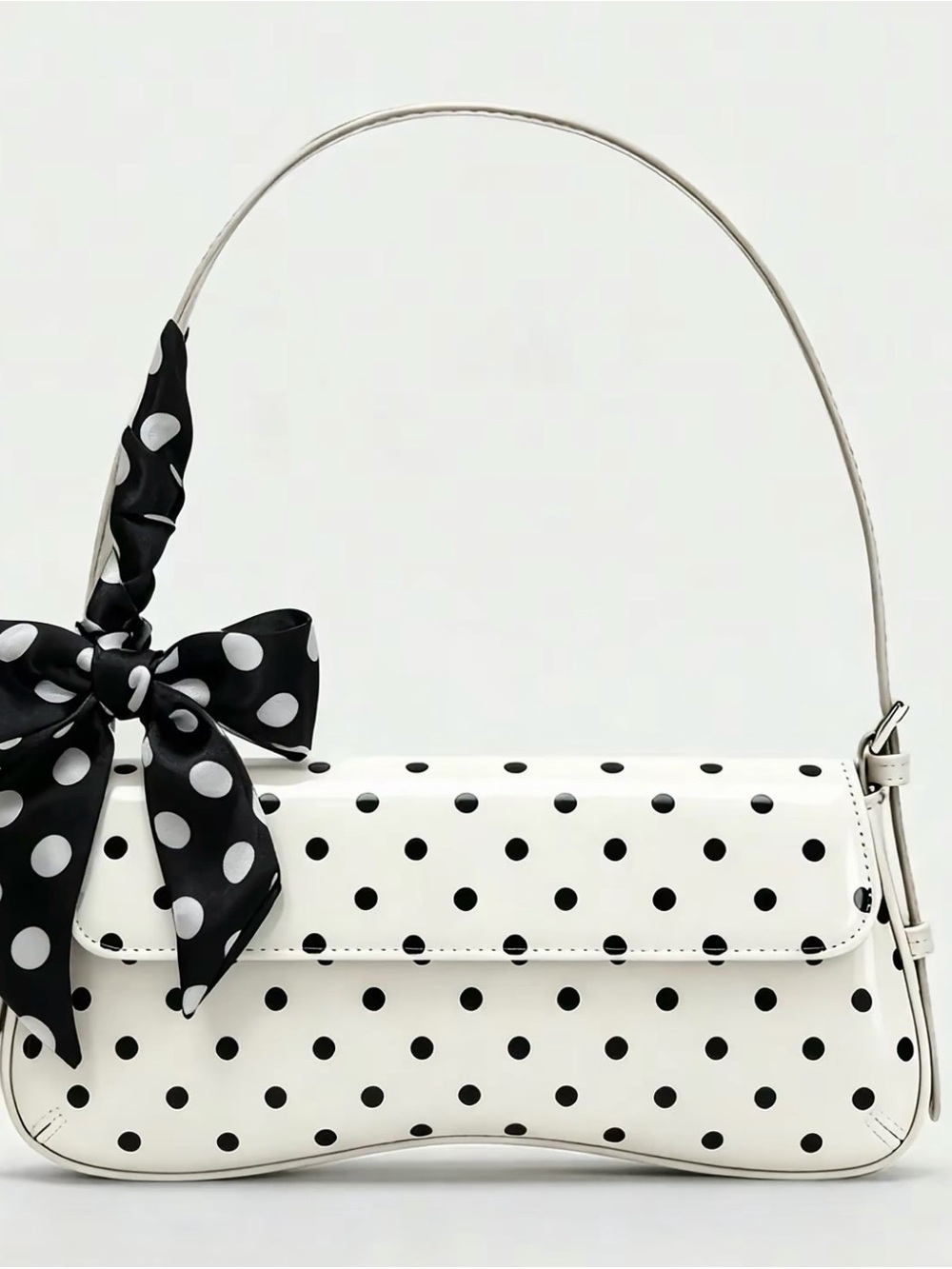 White Polka Dot Shoulder Bag with Black Bow
